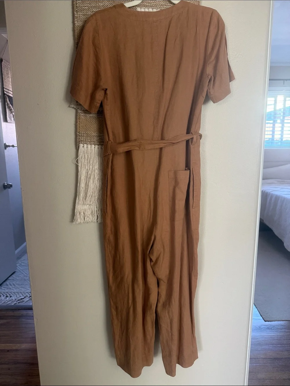 Everlane Camel Short-Sleeve Button-Front Linen Jumpsuit